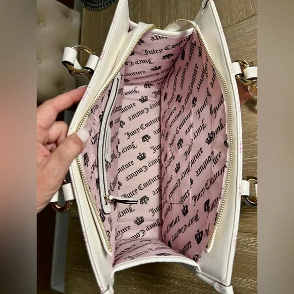 NWT Juicy Couture Bling Logo Tote Bag Pink White Chain Handle Purse HTF - Picture 11 of 14